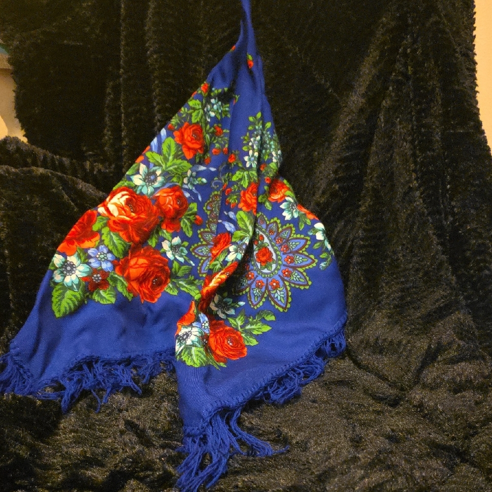 Floral Blue Scarf with Fringe